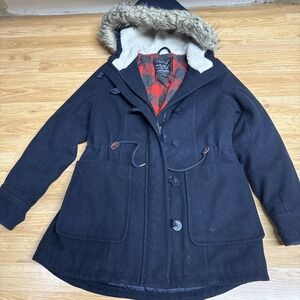 American‎ Eagle Outfitters Womens Med Wool BL Coat Hood Navy Buffalo Plaid